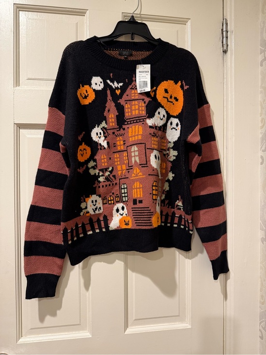 debut Sweaters - debut Black Halloween Haunted House Sweater with Rust Stripes